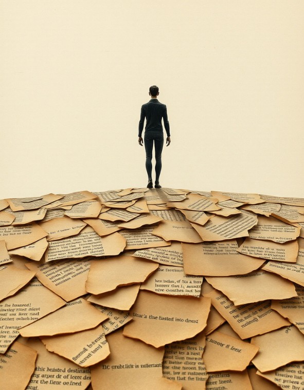 A lone figure standing on a field of scattered book pages