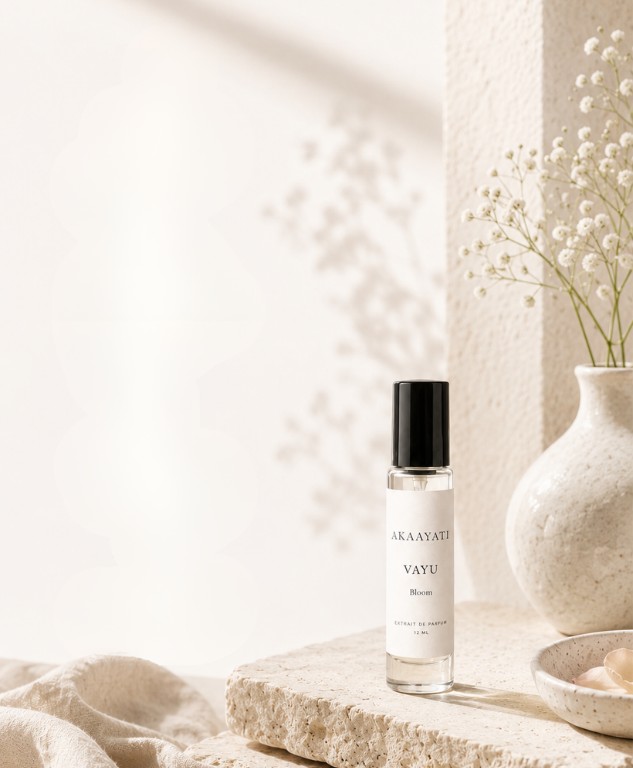 A Vayu bottle on stone in soft light beside white flowers